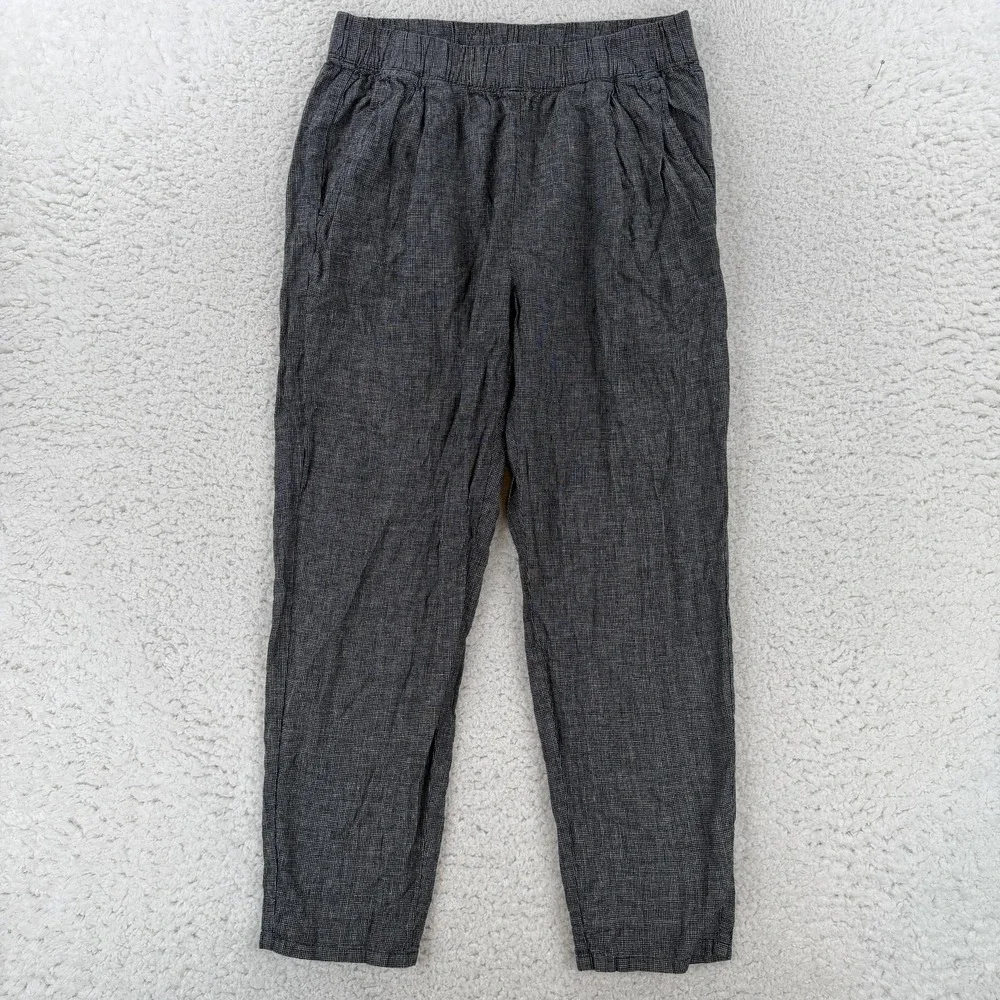 Eileen Fisher Pants Womens Petite Small Gray Check Hemp Cotton Ankle Elastic